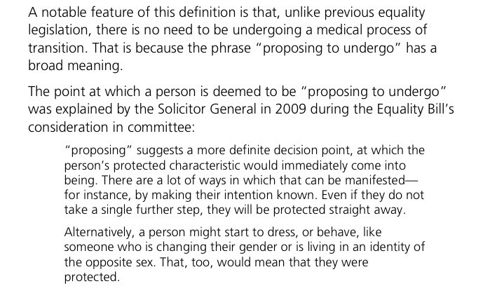Pg 20 explains the current scope of the protected characteristic of gender reassignment. As it is described by the solicitor general in 2009 It seems to already allow for people who would pretend as well as people who are sincere to be considered the same in the eyes of the law.