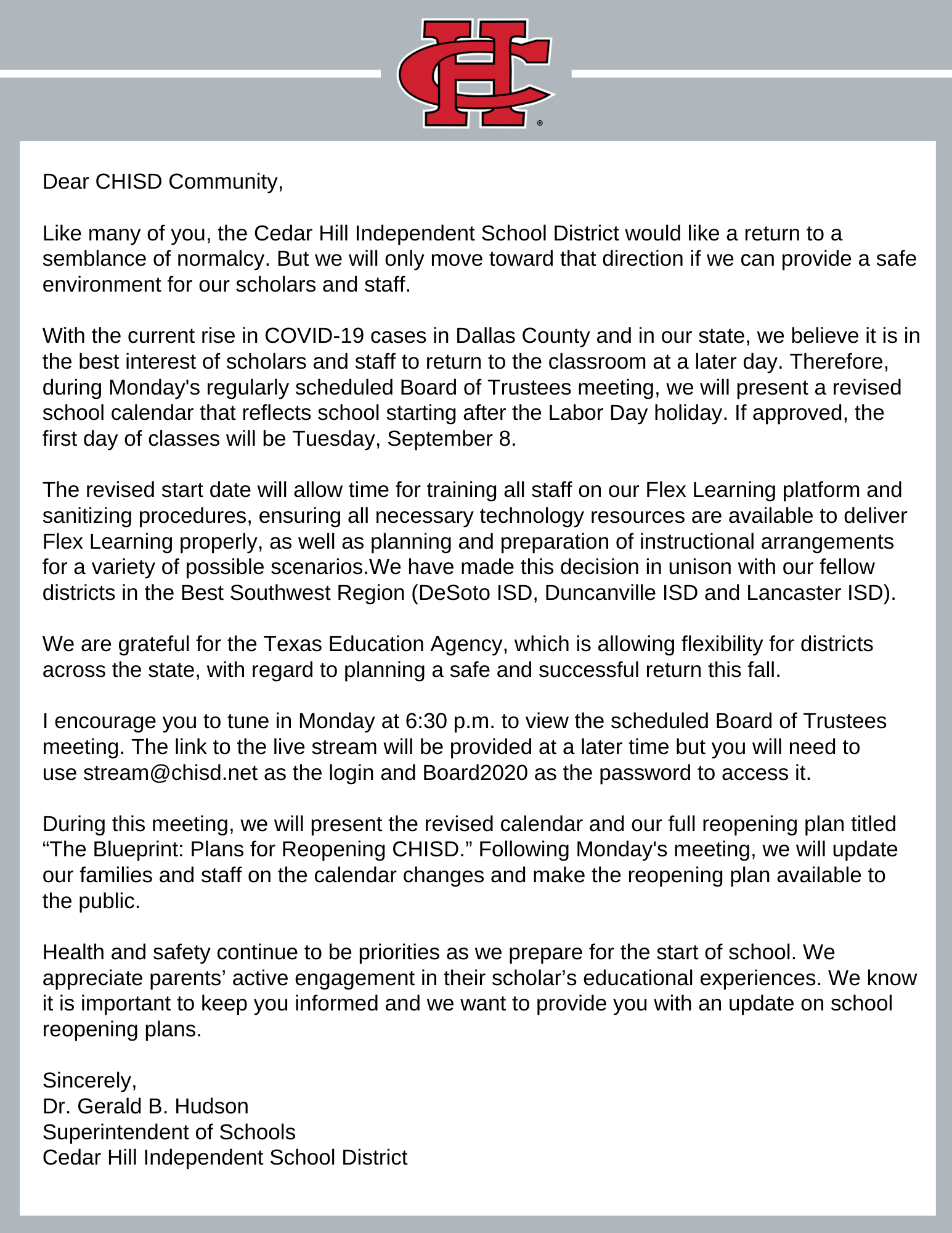 Cedar Hill ISD on X: "⚠️⚠️Please read this update from Dr. Gerald B.  Hudson. https://t.co/FTta7YxFoW" / X