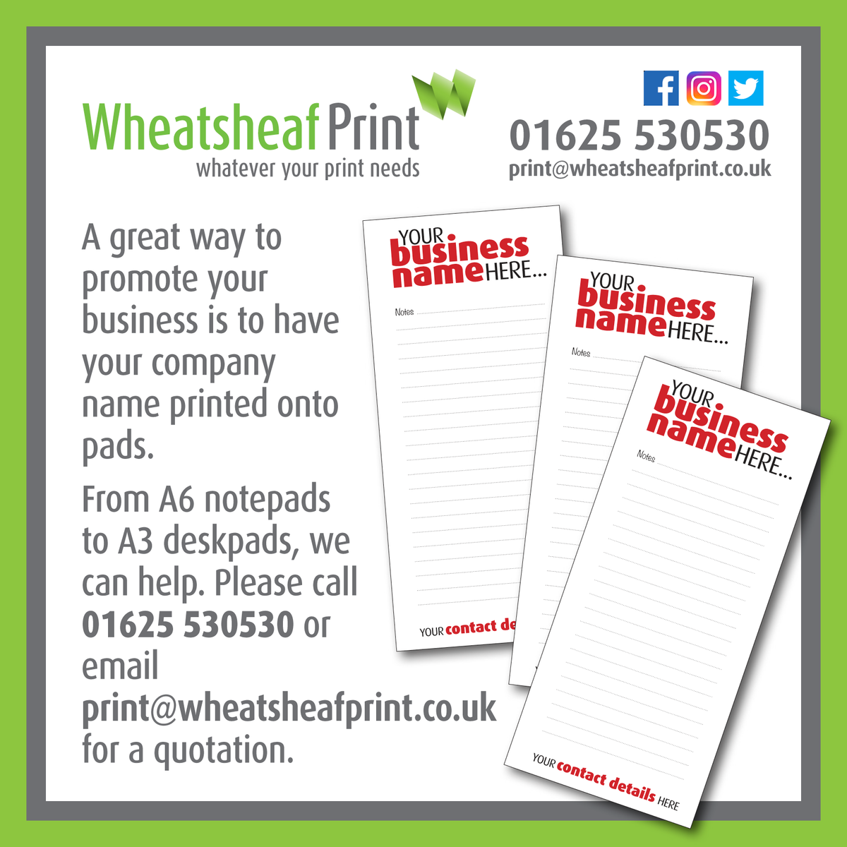 wheatsheafprint's tweet photo. You can have your company name printed onto pads - a great way to get your name out there. Please contact us for details on 01625 530530 or email print@wheatsheafprint.co.uk #printedpads #promoteyourbusiness #printersinwilmslow #digitalprinters https://t.co/ufB8DQCfuW