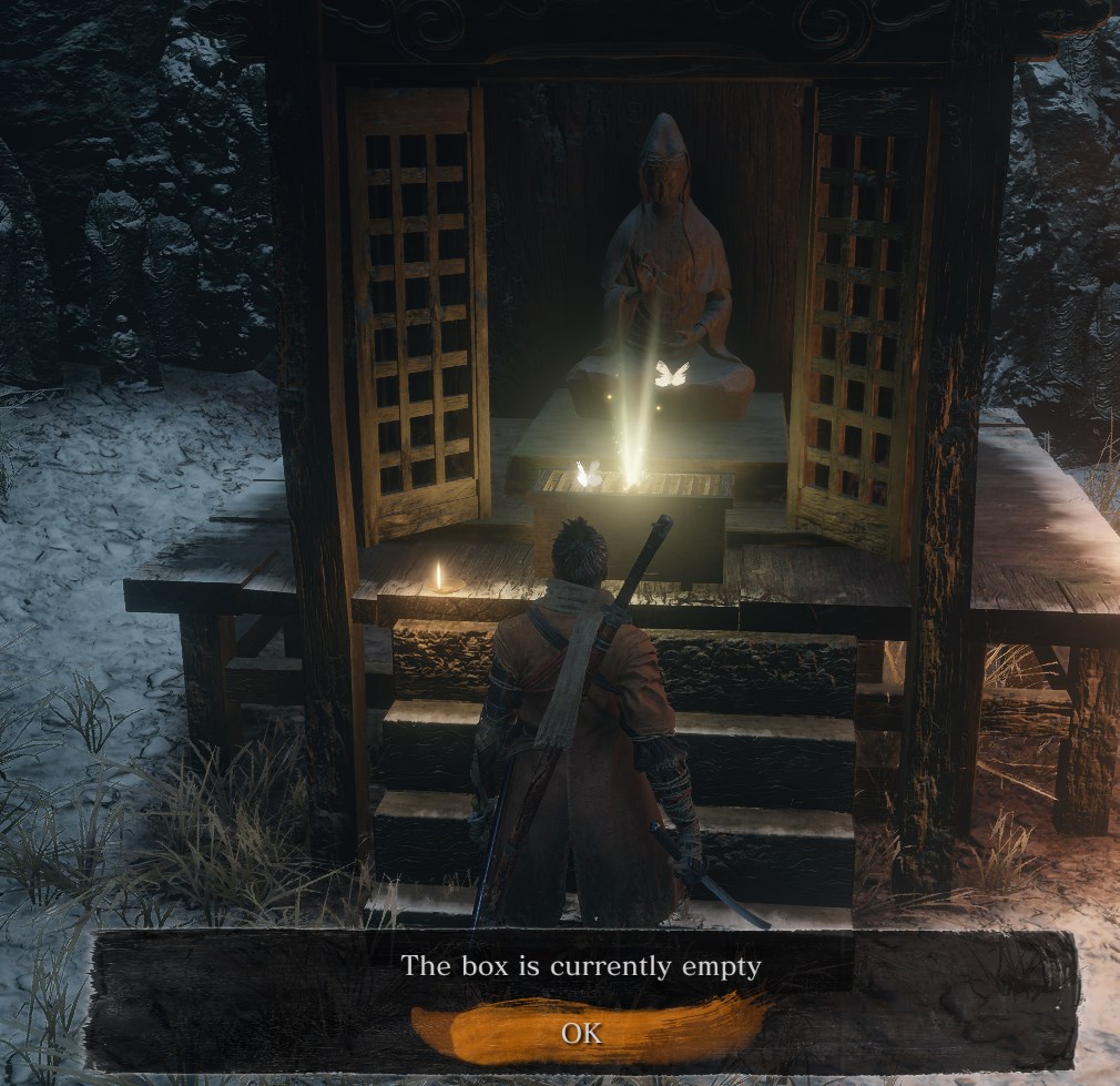 Golden butterfly in Sekiro always surrounding the items you can pick up. In this horror game, golden butterfly means sth positive. In Deja Vu, it means JiU will come back as a cruel avenger, since all the positive aspects left her bodyLeft: Deja Vu(2019) Right: Sekiro(2019)