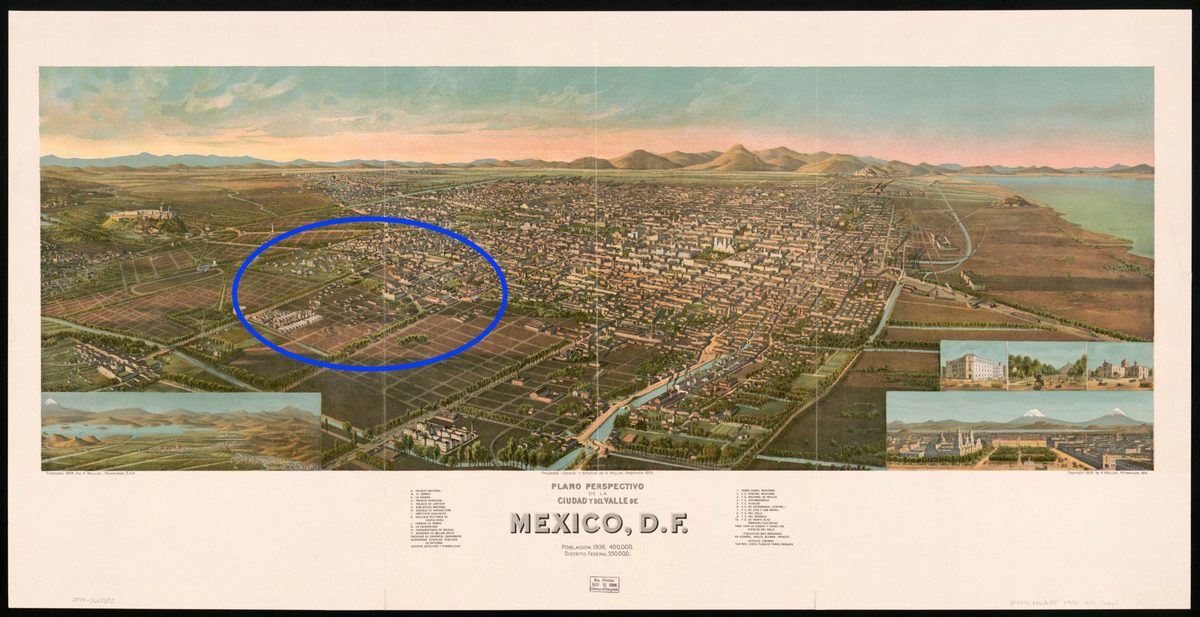 Más al norte sobre la Calzada de la Piedad, hoy Cuauhtémoc aparece ya el Hospital General de México. Estaba recién fundadito -1905- cuando este plano. Claro que pues hoy es otra cosa, especialmente tras los daños que tuvo en 1985.