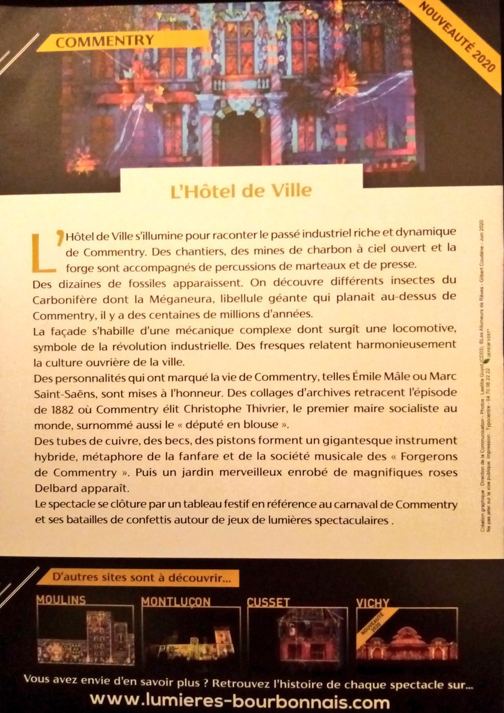 claude_riboulet's tweet photo. C'est parti pour la projection du spectacle de "Lumières sur le Bourbonnais", sur la façade de la Mairie, racontant l'histoire de Commentry, jusqu'à fin octobre dès la tombée de la nuit. @Allierdpt @auvergnerhalpes @lighteventcons1 https://t.co/qFhllY3HEj