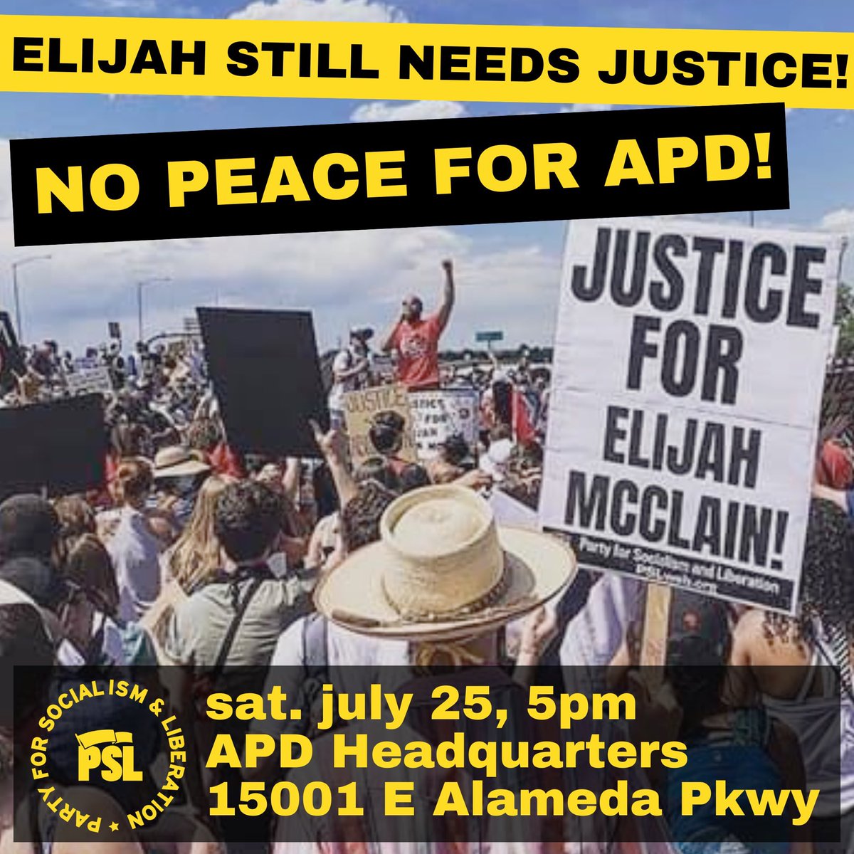 ElizaLaLuz's tweet photo. Not done until Elijah gets justice. Don’t miss this! #denverprotests #JusticeForElijahMcClain #DefundAPD #BLM #BLM5280 #PSL https://t.co/EWGU07C0l4
