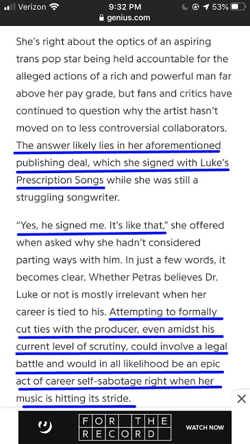 Kim did a interview with  @Genius talking about why she hasn't moved on to diffrent producers besides dr.luke when asked she said "yes he signed me its like that" she signed with prescription songs and prescription songs is owned by dr.luke.