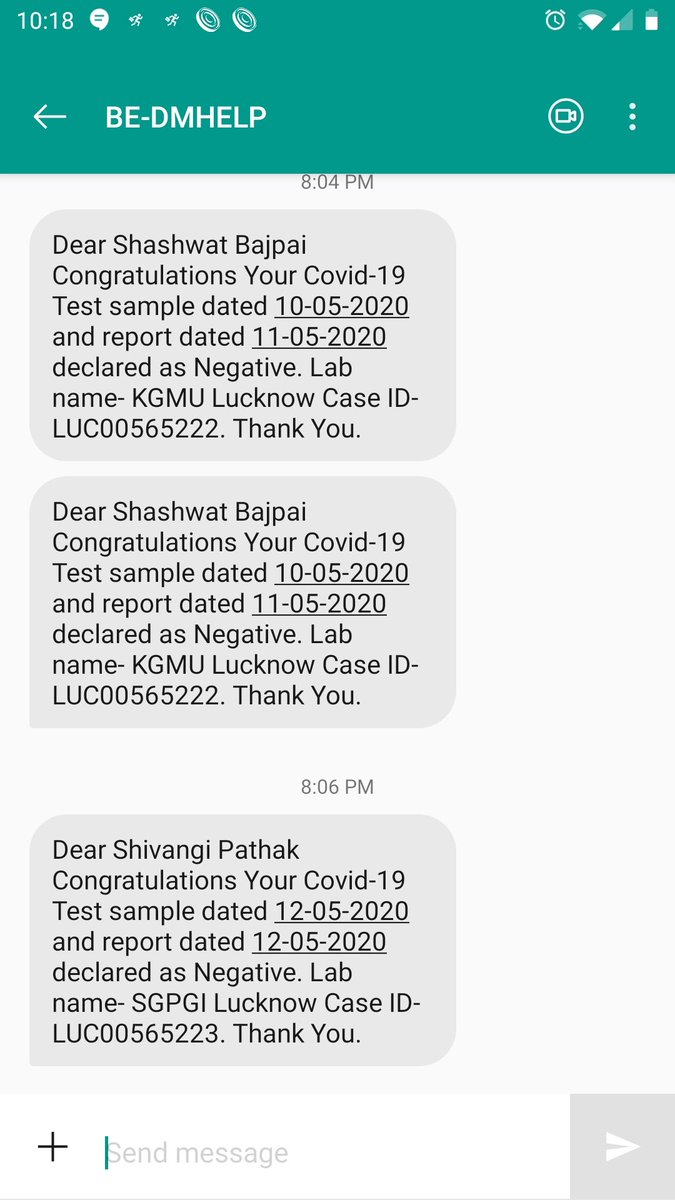 ShashwatBajpa11's tweet photo. Received this msg today. Both me and my wife have never give sample for Covid 19. Are officials fudging data? @CMOfficeUP @myogiadityanath @MoHFW_INDIA @PMOIndia @Shivang79801964 https://t.co/sK5k5wnegA