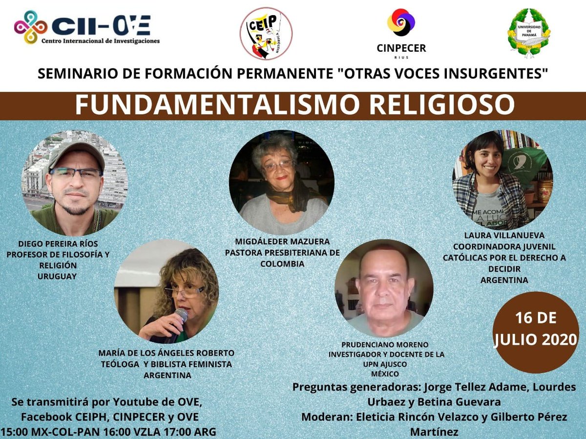 CentroRius's tweet photo. ¡En unas horas! La mesa de Otras Voces Insurgentes con el tema "Fundamentalismo Religioso".

Aquí pueden seguir la transmisión en vivo
https://t.co/Q6kjcMCx2U

Un esfuerzo conjunto entre #CIIOVE (Venezuela) #CEIPH (Argentina), #CINPECER (México) y la Universidad de Panamá https://t.co/hQDJjtU0z2