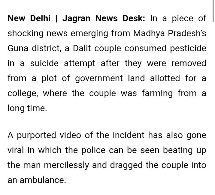 thatfinebitchhh's tweet photo. A farmer's family in Guna, MP was beaten by the police with a lathi, crops were destroyed by bulldozer which they had cultivated by taking loan of 3 lakh. The farmer and his wife drank pesticides on spot to die, and the police did nothing.

Plz RT this, we need awareness on this. https://t.co/bQTkRrHAG0