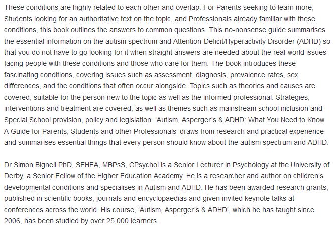 DrSimonBignell's tweet photo. My book “Autism, Asperger's &amp; ADHD: What You Need to Know. A Guide for Parents, Students and other Professionals.” On #Amazon &amp; Free on #KindleUnlimited . #Autism #Aspergers #ADHD @DerbyUni @DerbyUniOnline #AAAMOOC https://t.co/iSq8GoV7Bt https://t.co/IUUHd3uOrO https://t.co/WeaqHqsEAw