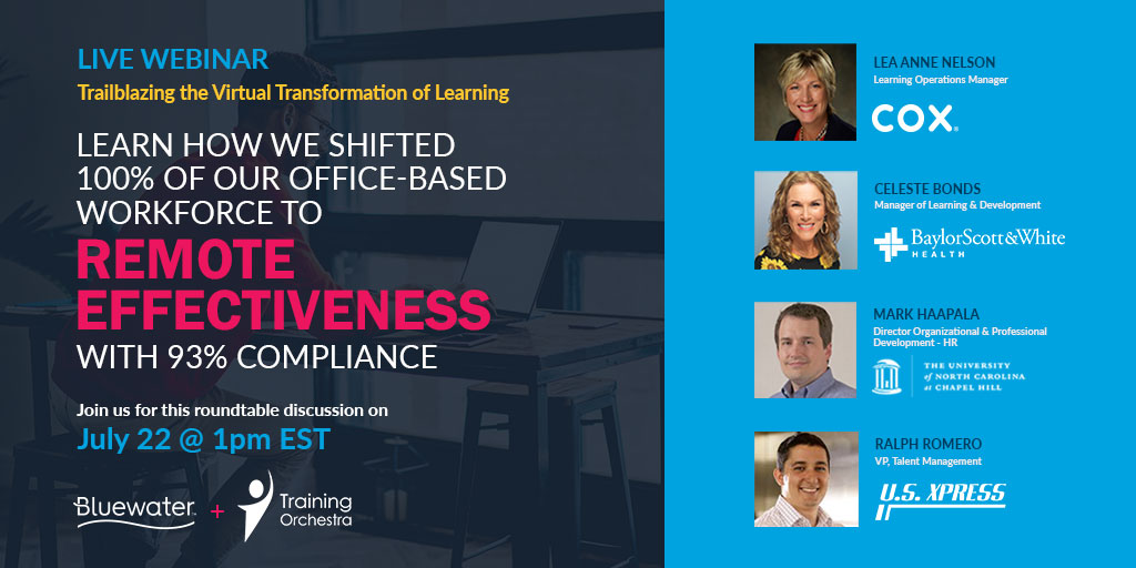 bluewaterlearn's tweet photo. Learn how Ralph Romero and U.S. Xpress shifted 100% of their office-based workforce to remote effectiveness with 93% compliance.
#virtualtransformation #learninganddevelopment
Join our LIVE Learning & Development Webinar
https://t.co/FX4p0HoiZy https://t.co/0amTakIyE9