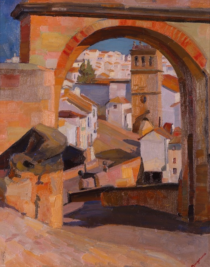 FundUnicaja's tweet photo. El arco de #FelipeV de #Ronda fue pintado en 1960 por Juan Eugenio #Mingorance durante un viaje a su país natal. A nuestra colección pertenece este lienzo del pintor jienense, que se trasladó a vivir a México y fue allí donde más se dio a conocer su obra #LaColecciónFU https://t.co/6SUnYCUV80