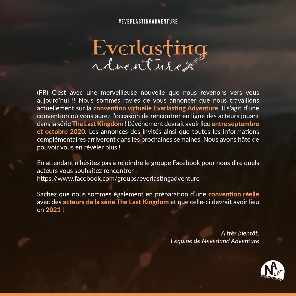 FrConventions's tweet photo. Une convention virtuelle The Last Kigdom sera organisée chez @Neverlandadv ! La #EverlastingAdventure aura lieu entre Septembre et Octobre 2020 https://t.co/DrrpDleHwV