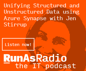 RunAsRadio's tweet photo. Did you catch @jenstirrup on RunAs at https://t.co/9t6AZUGL1o talking about Azure Synapse? A powerful solution for unifying all the data in your organization! https://t.co/PxwoiVvrLH