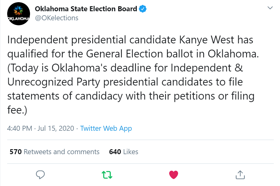 I thought something was odd when my mentions had a reply to the Oklahoma Elections tweet I retweeted but their tweet was unavailable. I went back and the tweet is available, and it's about Kanye West qualifying for the General Election ballot in Oklahoma.