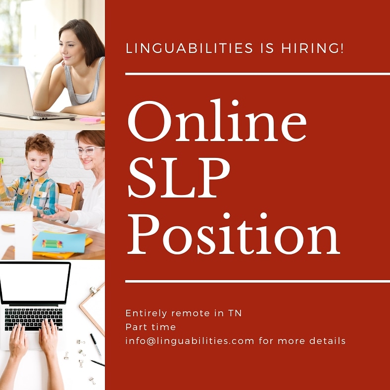 Now hiring PT remote #SLP. ~15 hours w/ room to grow, flexible schedule, prof. dev. assistance. Email info@linguabilities.com!

#telepractice #speechtherapy #speechpathology #onlinetherapy #teletherapy #speechies #teleclinician #onlinespeechtherapy #slpsgodigital #slptelepractice