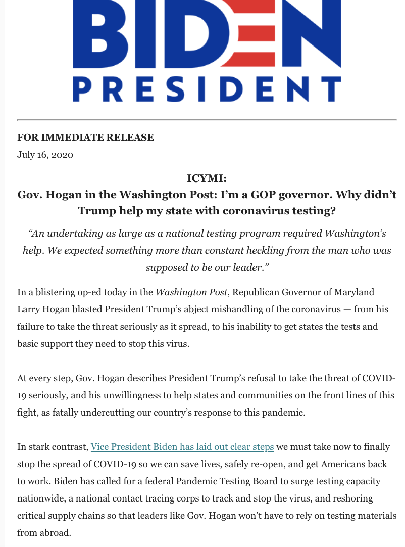 JTHVerhovek's tweet photo. Biden campaign sends out press released touting scathing op-ed from Maryland's Republican Governor @LarryHogan on the Trump administration's coronavirus response https://t.co/tTaiMMqCqU