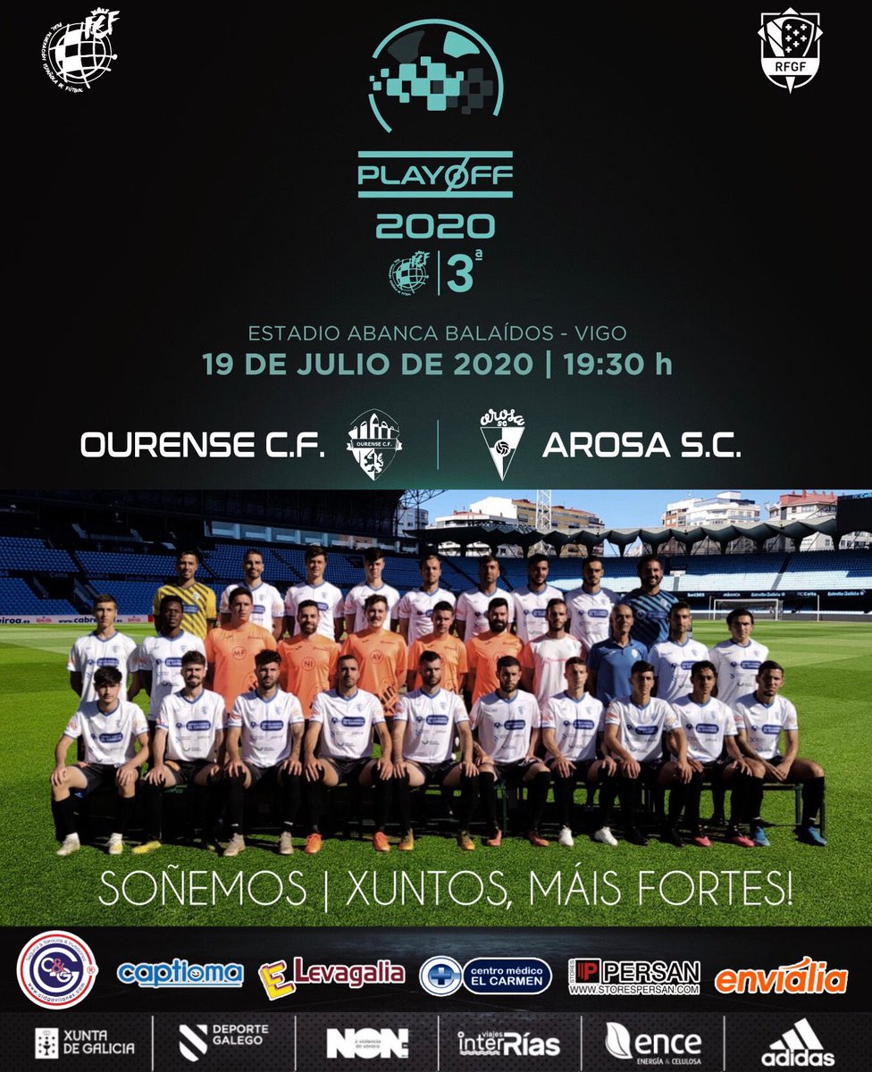 Cartel 💻 #PlayoffAscensoa2B Tercera Galicia
<a href="/rfef/">RFEF</a> | <a href="/futgal/">RFGF</a>
📅 Domingo 19 julio
🏟 ABanca Balaídos Vigo
👟⚽️ <a href="/Ourense_CF/">Ourense CF</a> 🆚 <a href="/AROSASCOFICIAL/">Arosa SC</a>
⏱️19:30
📺 TVG2 <a href="/TVGalicia/">TVG</a> @EnXogo_tvG2
📻 <a href="/RadioGalega/">Radio Galega</a> <a href="/GALICIANGOLES/">Galicia en Goles</a>
#️⃣ #Soñemos #OUCF #XuntosMaisFortes
#Camiñoa2B #OurenseArosaPlayOff