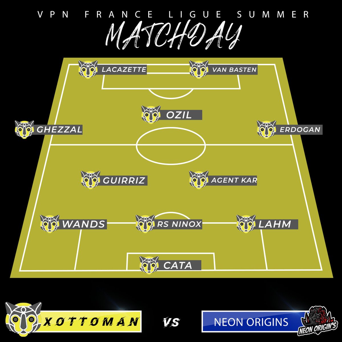 Jour de match !!

Dès 21h30 suivez nous en live sur 🎥🍿: 
twitch.tv/jlninox

Au programme :

22h30 match vs Neon Origins en <a href="/VPN_France_PS4/">VPN France PS4</a> 

Puis tournoi à partir de 23h 

Voici le 11 de départ de ce soir, venez et donnez de la force 🔥💪