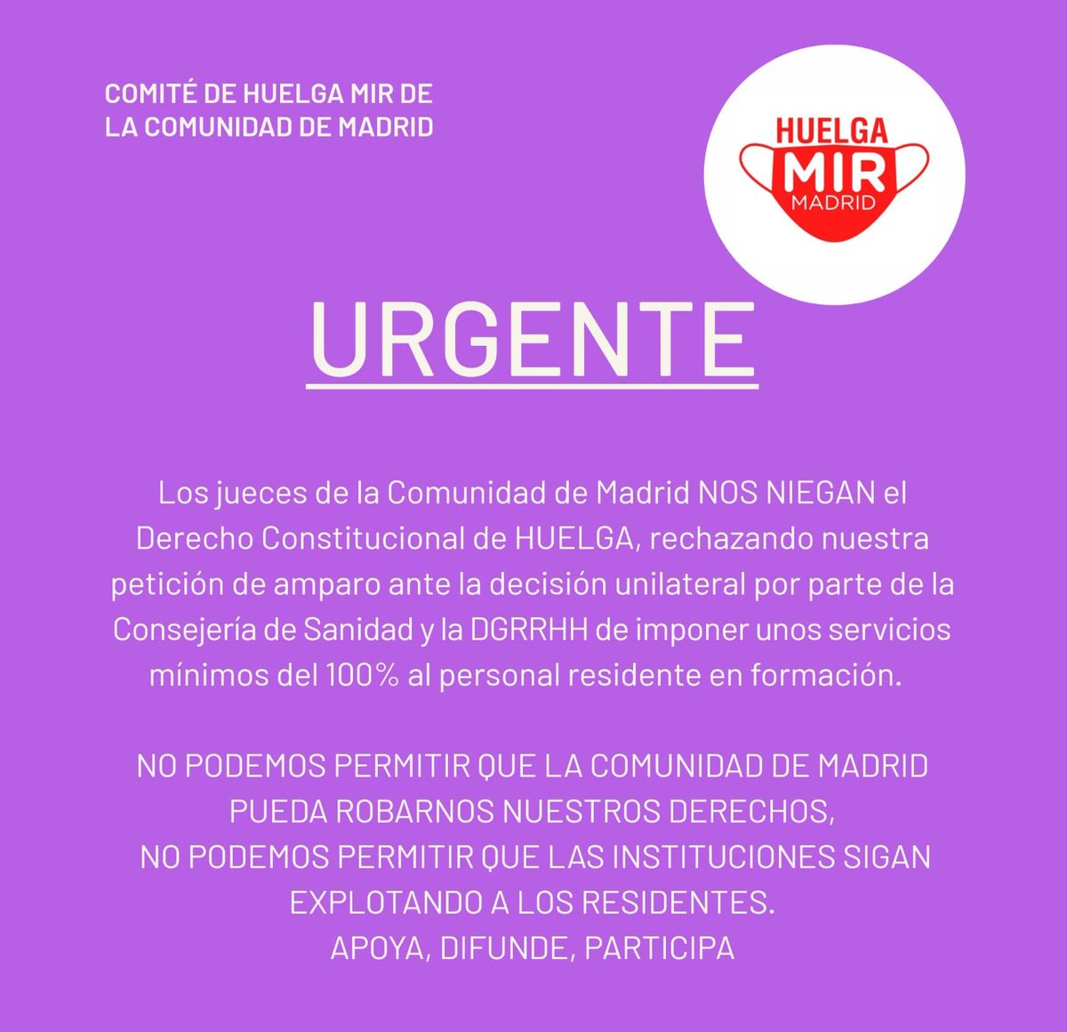 huelgamirmadrid's tweet photo. El derecho a huelga está recogido en el Artículo 28.2 de la Constitución Española. Consideramos que convocar unos servicios mínimos del 100% vulnera este derecho, y hacerlo de forma unilateral es incompatible con una voluntad de diálogo sincera. #HuelgaMIR #ConvenioMIRYa https://t.co/pq8it1Sjsp