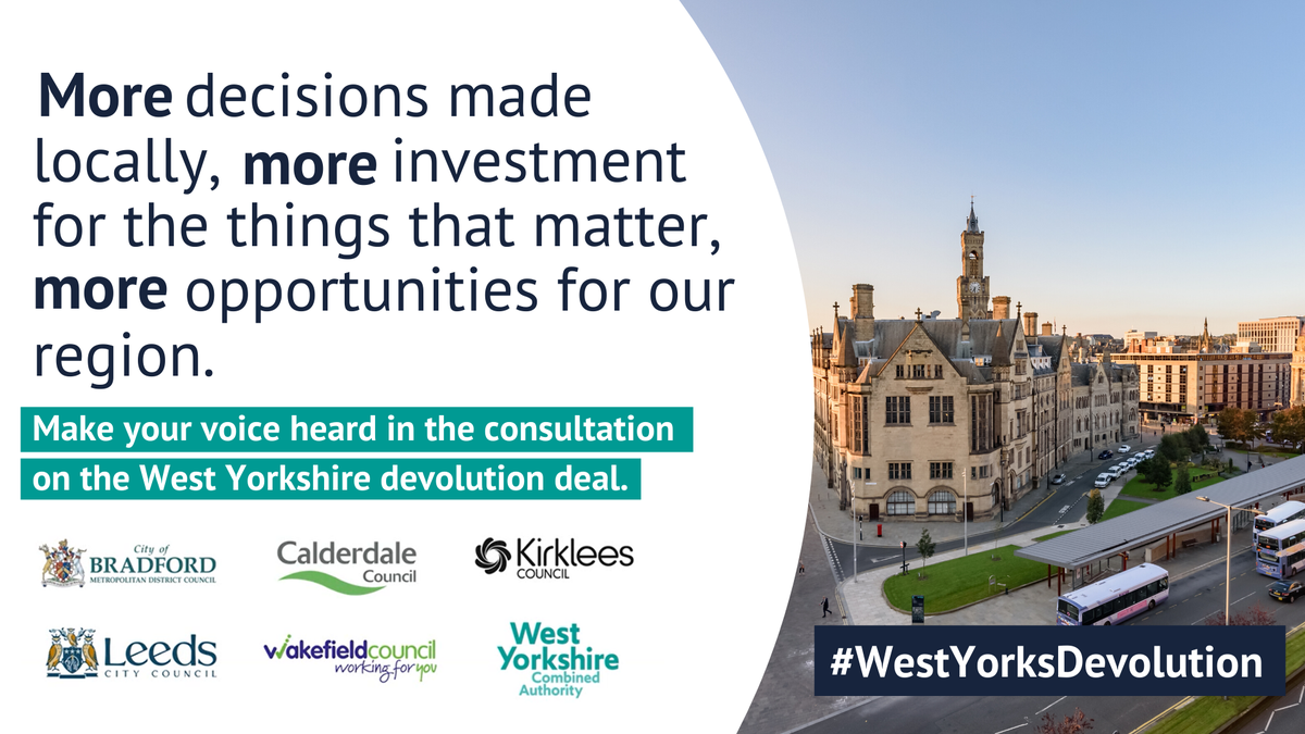 bradfordmdc's tweet photo. There’s still time to have your say on the £1.8b #WestYorkshireDevolution deal. 
The consultation closes at midnight on Sunday 19 July.
Find out more https://t.co/FFViqusEc3 https://t.co/kNdpL6cgKL
