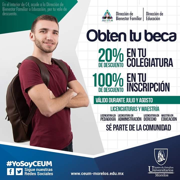 JojutlaMorAyunt's tweet photo. Sé parte de la comunidad #CEUM
Recibe 20% de descuento en colegiatura y 100% de descuento en tu inscripción.
Visita la Dirección de Bienestar Familiar o Educación en C4 y pide tu vale de descuento.
¡No te quedes sin estudiar! https://t.co/bNpyDtwgih