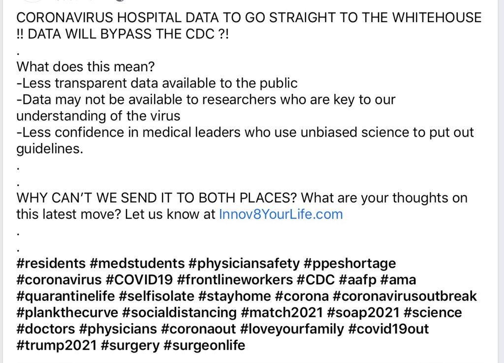 Innov8YourLife's tweet photo. #CORONAVIRUS HOSPITAL DATA TO GO STRAIGHT TO THE #WHITEHOUSE !! DATA WILL BYPASS THE #CDC ?!
WHY CAN’T WE SEND IT TO BOTH PLACES? What are your thoughts on this latest move? Let us know at https://t.co/MTW3O2gVbw
#residents #physiciansafety #ppeshortage #coronavirus #COVID19 https://t.co/xTAelesZVR