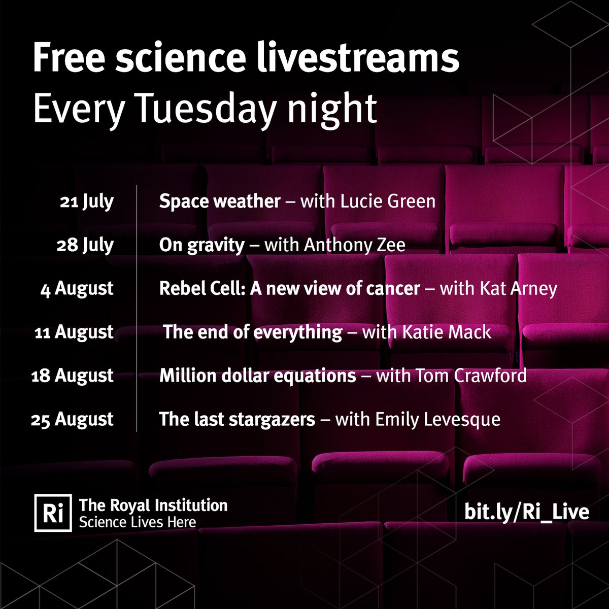 Ri_Science's tweet photo. This is more exciting than when Netflix announce their new releases. Our July-August livestream lineup!

@Dr_Lucie ✨ Anthony Zee ✨ @Kat_Arney ✨ @AstroKatie ✨ @tomrocksmaths ✨ @emsque 

Book here: https://t.co/EiFlO5Lmlp

Donations hugely appreciated: https://t.co/JbeORWp6La https://t.co/7jE5LWcOpc