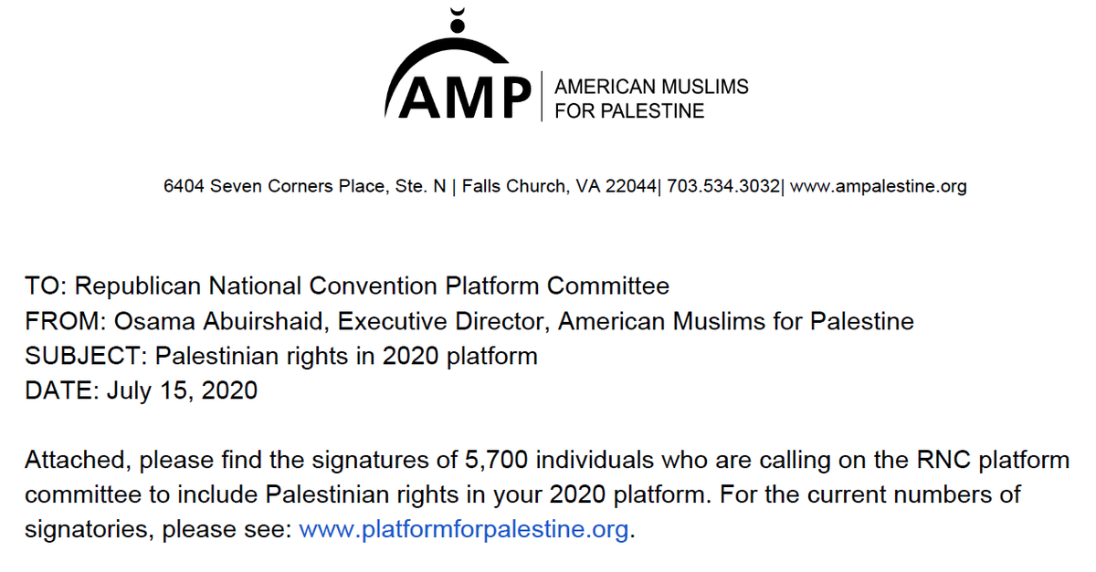 AMPalestine's tweet photo. To: @GOP @GOPconvention @realdonaldtrump @Mike_Pence @GOPChairwoman @Marcialeekelly

Please see our petition delivered to the RNC platform committee. It's time to support Palestinian rights! For memo: https://t.co/cAOm5WwiCc

To all supporters: Please RT NOW
#PlatformForPalestine https://t.co/p0dO5OMhUf