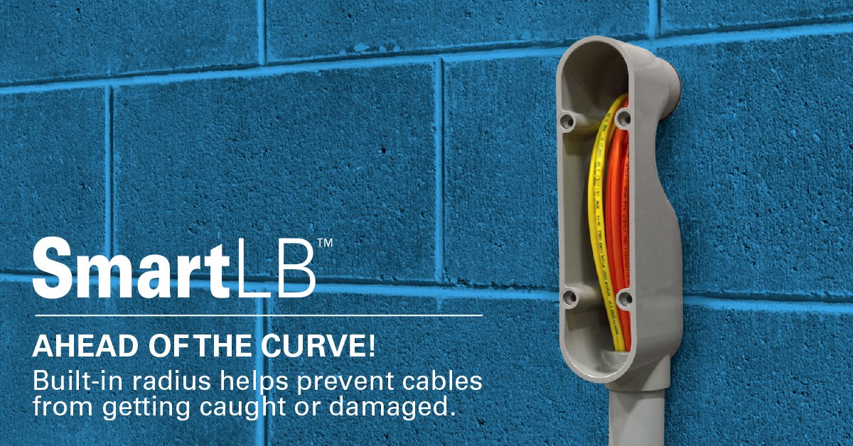MEproducts's tweet photo. Smart LB conduit bodies have a built-in radius that helps prevent cables from getting caught or damaged when pulled around corners. https://t.co/RFzXtXvJmi Meets ANSI/TIA/EIA 568 &amp; NECA/FOA requirements for pulling Optical Fiber Cable. #RCDD #BICSI #structuredcable #fiber https://t.co/bLFXYey2Zv