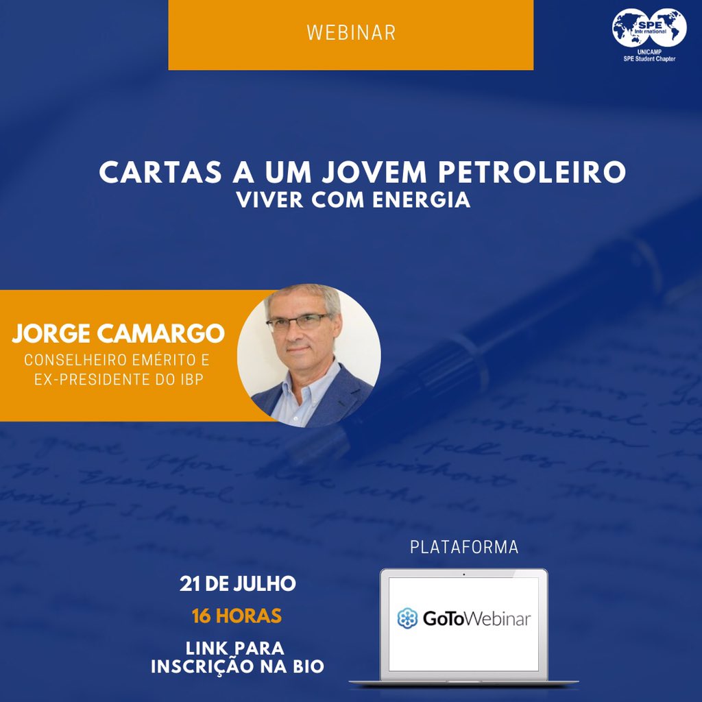 SPEUnicamp's tweet photo. Convidamos a todos a participarem do webinar "Cartas a um Jovem Petroleiro: Viver com Energia" com Jorge Camargo, no dia 21/07 às 16h. A inscrição pode ser efetuada através do link abaixo. 

https://t.co/70GRiEHQnr

Não perca essa oportunidade de adquirir conhecimento!
#wearespe https://t.co/fIWUFCbCi6
