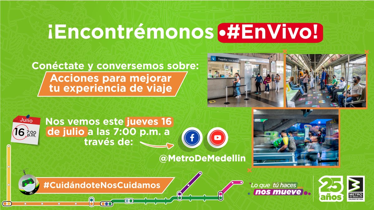 metrodemedellin's tweet photo. #NuestroMetro trabaja cada día para brindarte mejores experiencias de viaje. ¿Cómo lo estamos haciendo? ¿Qué novedades hay en nuestra #RedMetro 🚈🚡🚋🚌 para ti? Entérate vía streaming en #MiMetroEnVivo, hoy 16 de julio a las 7:00 p.m. ¡Te esperamos! https://t.co/hLSIjnLSrP