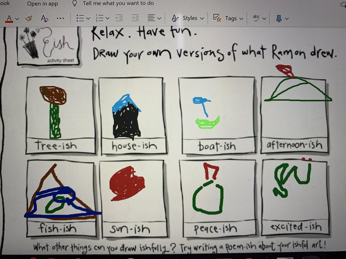 misspfarnham's tweet photo. Today we listened to the story “Ish” by Peter H. Reynolds. Students then went into their Notebooks &amp; experimented with the drawing tool to draw -ish pictures. @Romualdisroom @Vanessa_Dakin28 @ClaraHowitt #GECDSBSLP2020 #campwonder #onlinelearning https://t.co/JMYssNQQuU