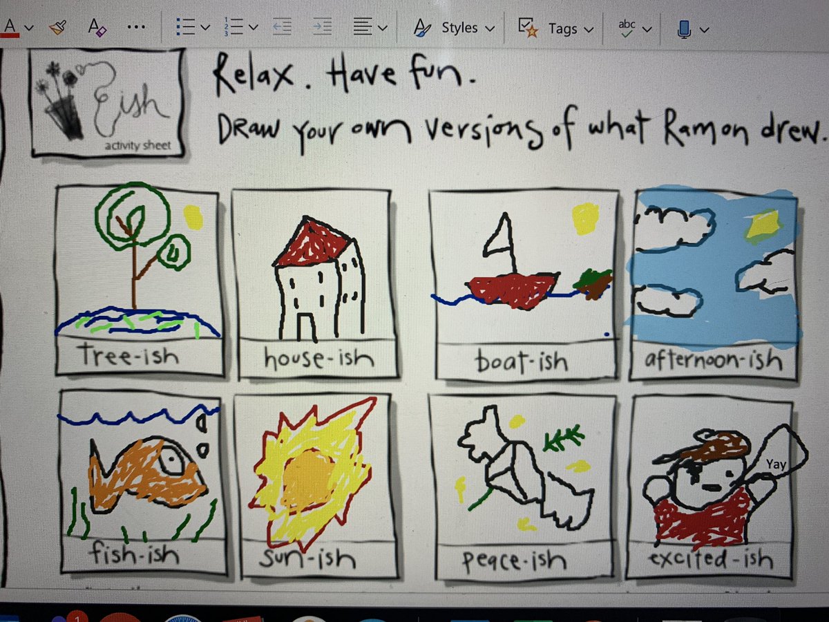 misspfarnham's tweet photo. Today we listened to the story “Ish” by Peter H. Reynolds. Students then went into their Notebooks &amp; experimented with the drawing tool to draw -ish pictures. @Romualdisroom @Vanessa_Dakin28 @ClaraHowitt #GECDSBSLP2020 #campwonder #onlinelearning https://t.co/JMYssNQQuU
