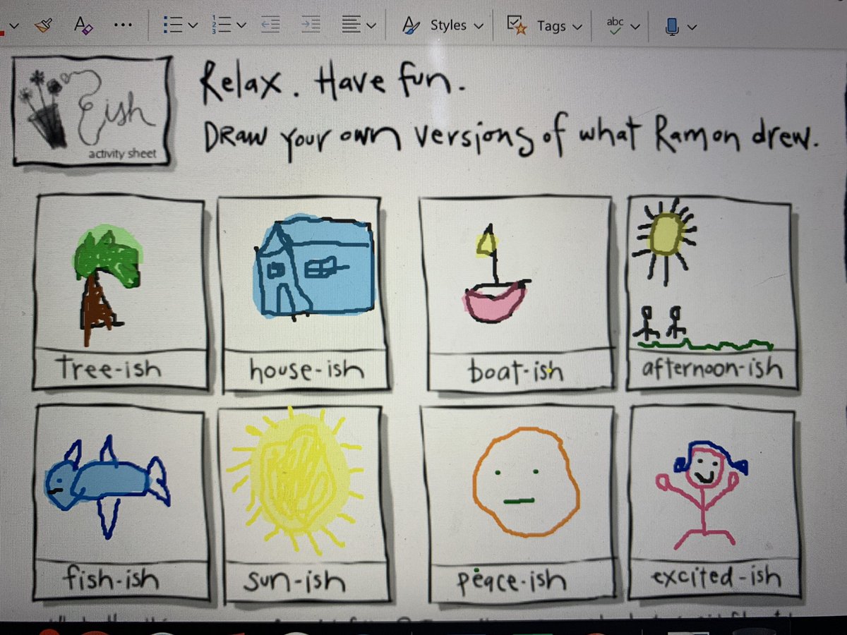 misspfarnham's tweet photo. Today we listened to the story “Ish” by Peter H. Reynolds. Students then went into their Notebooks &amp; experimented with the drawing tool to draw -ish pictures. @Romualdisroom @Vanessa_Dakin28 @ClaraHowitt #GECDSBSLP2020 #campwonder #onlinelearning https://t.co/JMYssNQQuU