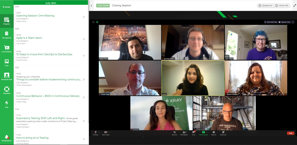 XrayApp's tweet photo. Last talk, a round table discussing OmniTesting. A big Thank You to all the speakers and everyone that has joined us today! 👏 @darktelecom @roesslerj @lisacrispin @maaretp @RudolfGroetz @gasparnagy @sviswalingam 
#OmniTestingConf #SoftwareTesting https://t.co/4hP1boRWsU