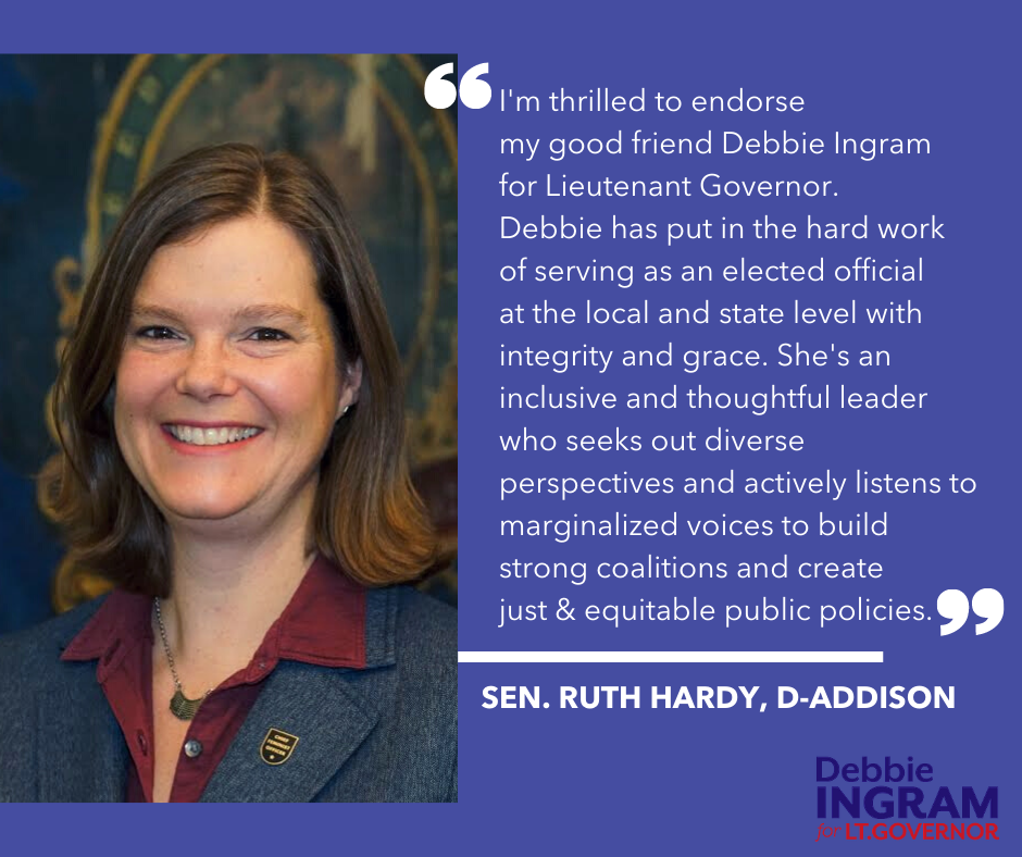 dingramvt's tweet photo. Pleased and honored to announce that my friend and extremely effective colleague in the Senate, @RuthHardyVT, has endorsed me for Lt. Governor. Thank you, Sen. Hardy! #vtpoli @vtdigger @sevendaysvt @addyindy https://t.co/lIXBS0TVGM