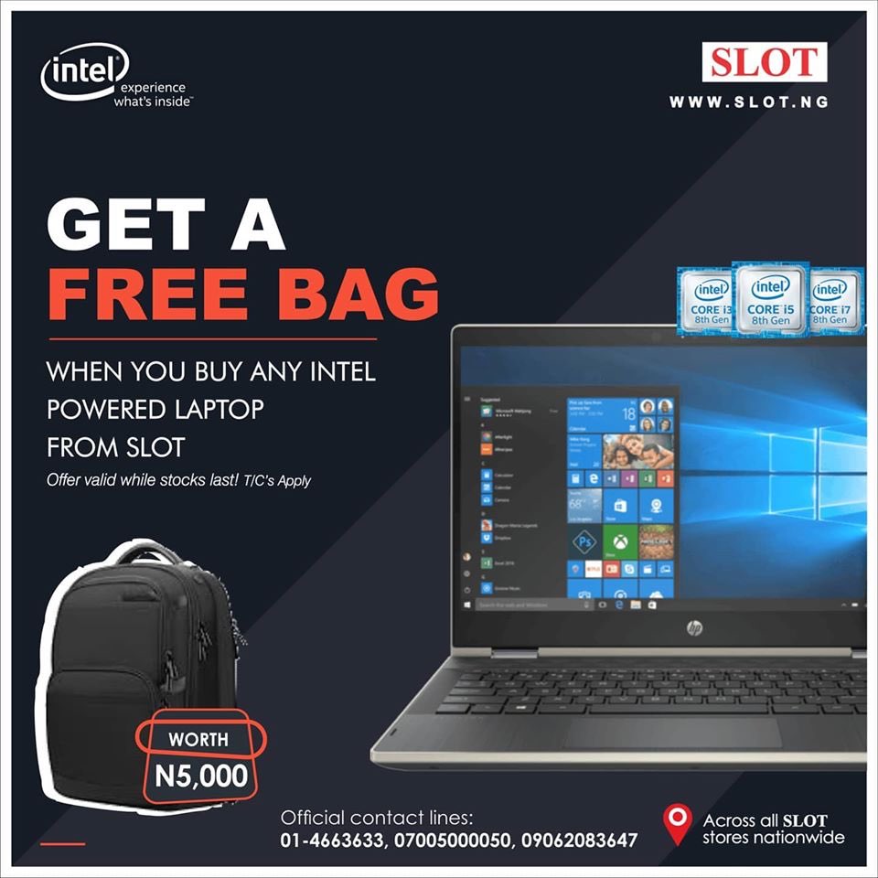 lusurgy's tweet photo. Want to change your laptop? Why not buy any INTEL Powered laptop from any SLOT store nationwide or on https://t.co/msKzZPcKXv and get a FREE Bag worth N5,000. Hurry now, offer valid while stock last! Official Contact lines; 01-4663633, 07005000050. Cc @slotlimited #SlotIntelPromo https://t.co/zNFD1urYJ5