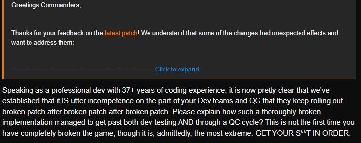 <a href="/EliteDangerous/">Elite Dangerous</a> How about you fix what we've got first....

Via the forums, on you most recent patch.