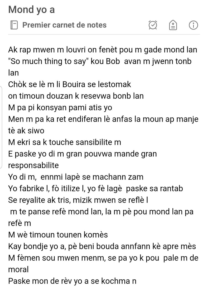 DfiAyiti's tweet photo. M pataje ak nou lirik mizik Mond Yo a.
Est-ce que ce monde est sérieux?

Powèt depi sou ban lekòl https://t.co/fbJa18RebF