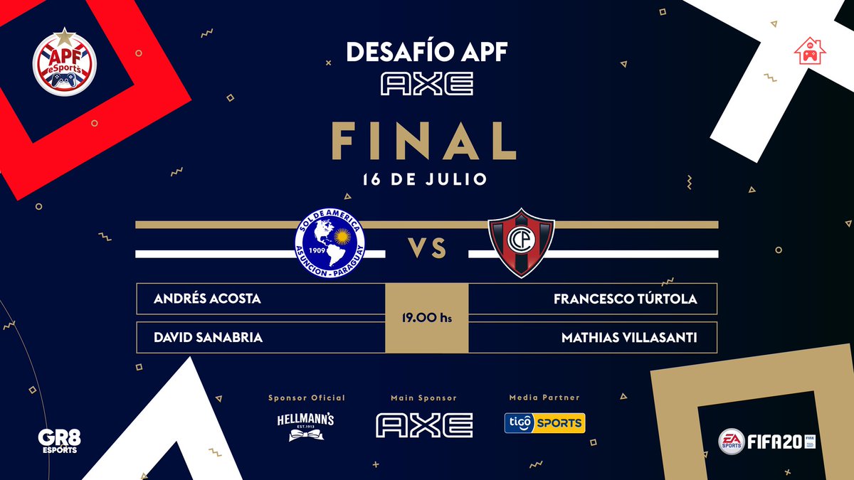 APFeSports's tweet photo. ¡La gran final! 🎮⚽️

Desde las 19:00 hs, jugadores y gamers de @SoldeAmericapy y @CCP1912oficial van por todo.

¡Conoceremos al campeón del #DesafíoAPFAxe! 🏆
 #APFeSports https://t.co/vDrRYGdjkK