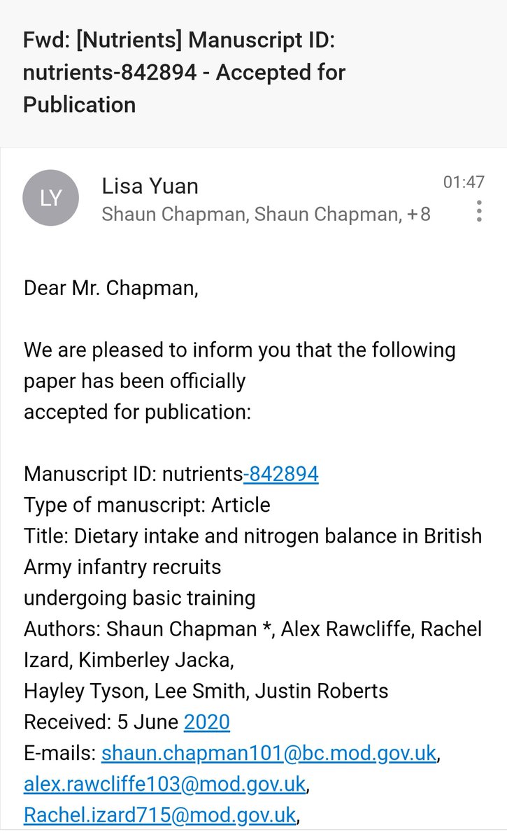 Great to have our paper "Dietary intake and nitrogen balance in British Army infantry recruits" accepted into <a href="/Nutrients_MDPI/">Nutrients MDPI</a> this week. <a href="/drjustinroberts/">Prof. Justin Roberts</a> <a href="/Alex_Rawcliffe/">Dr Alex Rawcliffe, PhD,</a> <a href="/Rachelmon78/">Rachel M</a> <a href="/ActiveBuildings/">Prof Lee Smith</a> @ARITC_ExPhys <a href="/SESRG_ARU/">CCSES</a> <a href="/jacka_kim/">Kim Jacka</a> @HayleyyTyson <a href="/andyroberts1234/">Andy Roberts PhD</a>