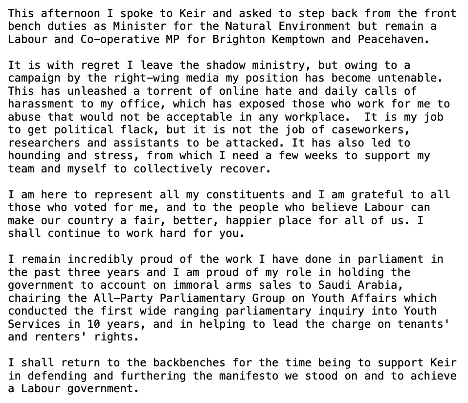 lloyd_rm's tweet photo. This afternoon I spoke to Keir and asked to step back from the front bench duties as Minister for Air Quality and the Natural Environment but remain a Labour and Co-operative MP for Brighton Kemptown and Peacehaven.
See my statement below. 👇 https://t.co/g1I8T7QLVg