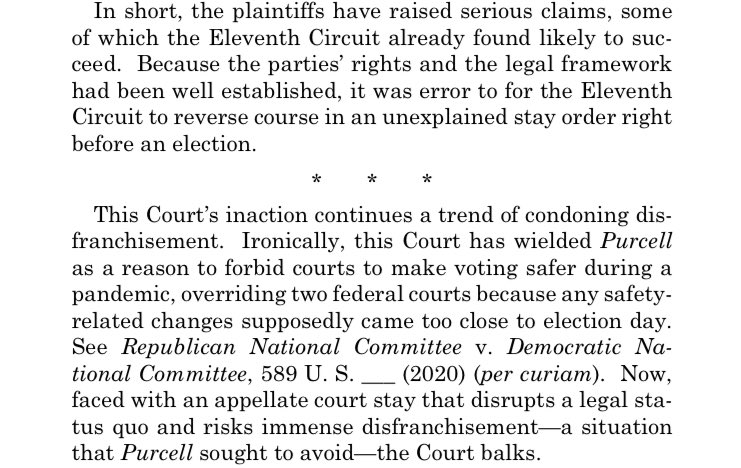 There’s no majority opinion to answer Sotomayor’s charge that the conservative justices have hypocritically struck down court orders intended to make voting safer and easier during the pandemic, but uphold orders that make voting harder or impossible.