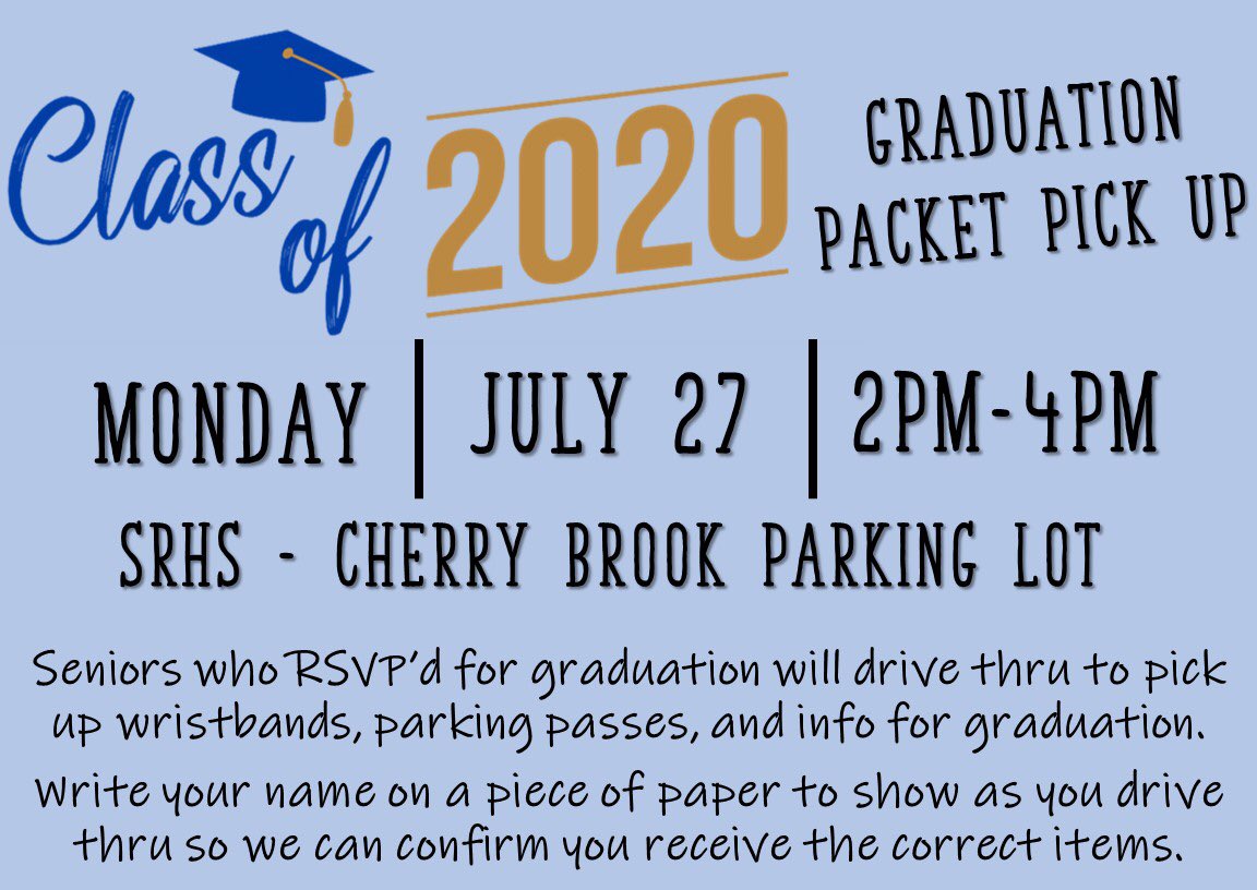 ⁦<a href="/SRHS_2020/">SRHS ‘20</a>⁩ Make sure you RSVP for graduation and mark your calendars for graduation packet pick up! 🎓 It’s almost time! 🥳