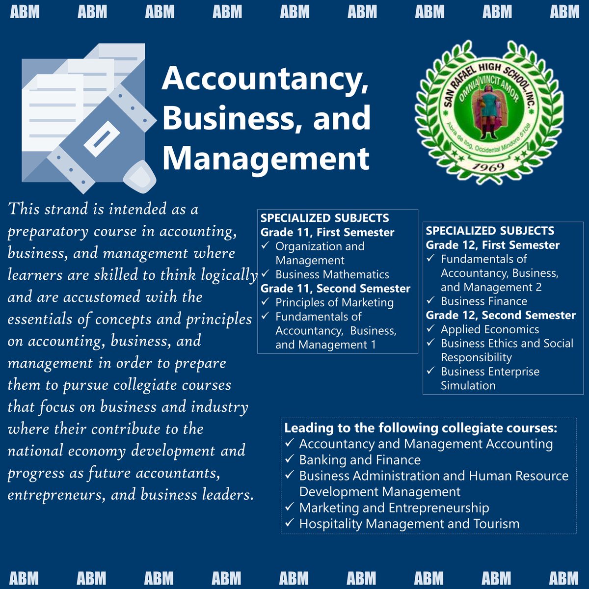 SRHSInc1969's tweet photo. Aspiring Accountant, Business Manager, Entrepreneur? The #ABMStrand is for you.
We offer Accountancy, Business, and Management (ABM) Strand under our Academic Track Senior High School offering. #EnrollNow #SRHSIncSeniorHigh https://t.co/CpFB7EuPOf