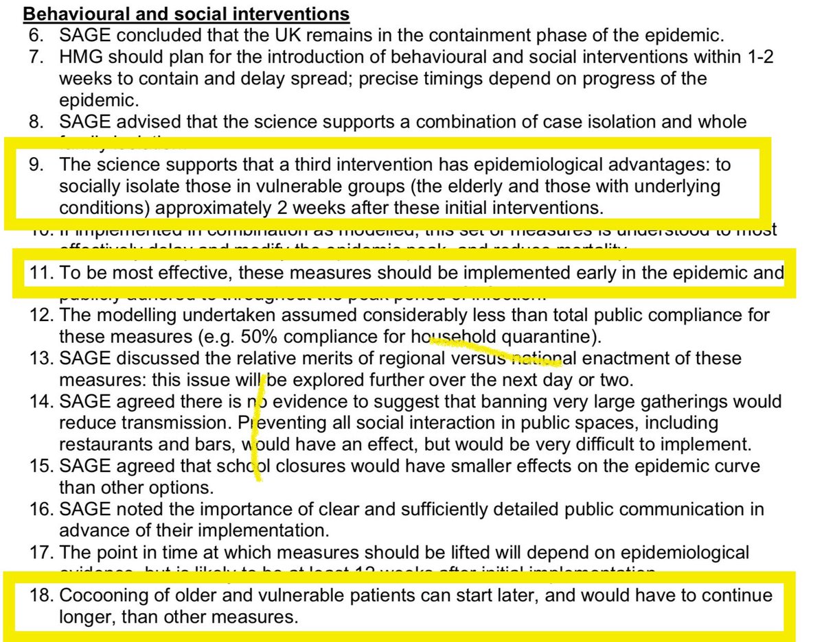 8/. The same SAGE meeting recognized the risk facing the elderly & vulnerable & the need for “early measures” BUT inexplicably recommends there should be a delay of “roughly 2 weeks” before isolating them."Cocooning of older and vulnerable patients can start later."Why?