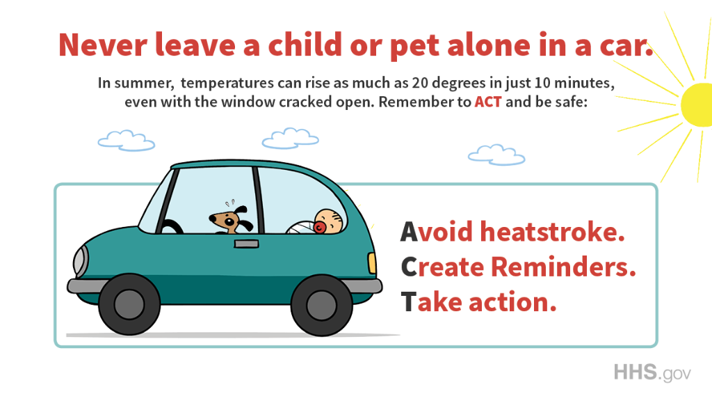 HHSGov's tweet photo. Never leave pets, infants, or children in a parked car. Temperatures inside can rise as much as 20 degrees Fahrenheit within the first 10 minutes–even with a window cracked open. https://t.co/v7qmXiMFxc https://t.co/pPC89EF5jS