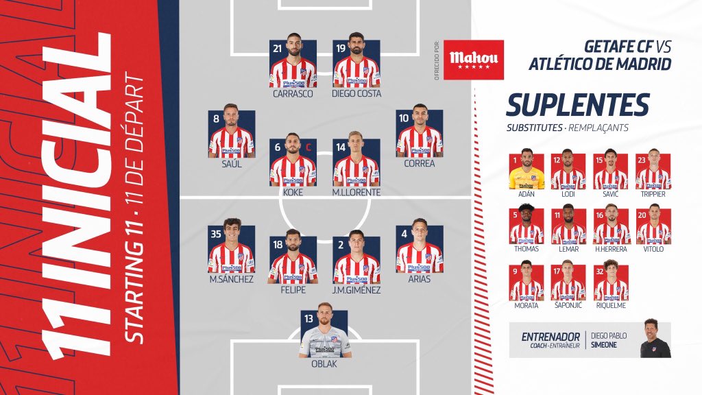 LIVE 

La composition de l’Atletico de Madrid pour affronter Getafe !