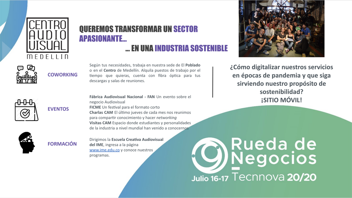 ¡Estamos como ponentes en la #RuedaTecnnova, que irá hasta mañana! Hablaremos de todo el nuevo enfoque que estamos dando al #CAM como plataforma de crecimiento para todos los integrantes del sector audiovisual y tecnológico. @teccnova_UEE <a href="/AlcaldiadeMed/">Alcaldía de Medellín</a> <a href="/AlejandroAriasG/">Alejandro Arias García</a>