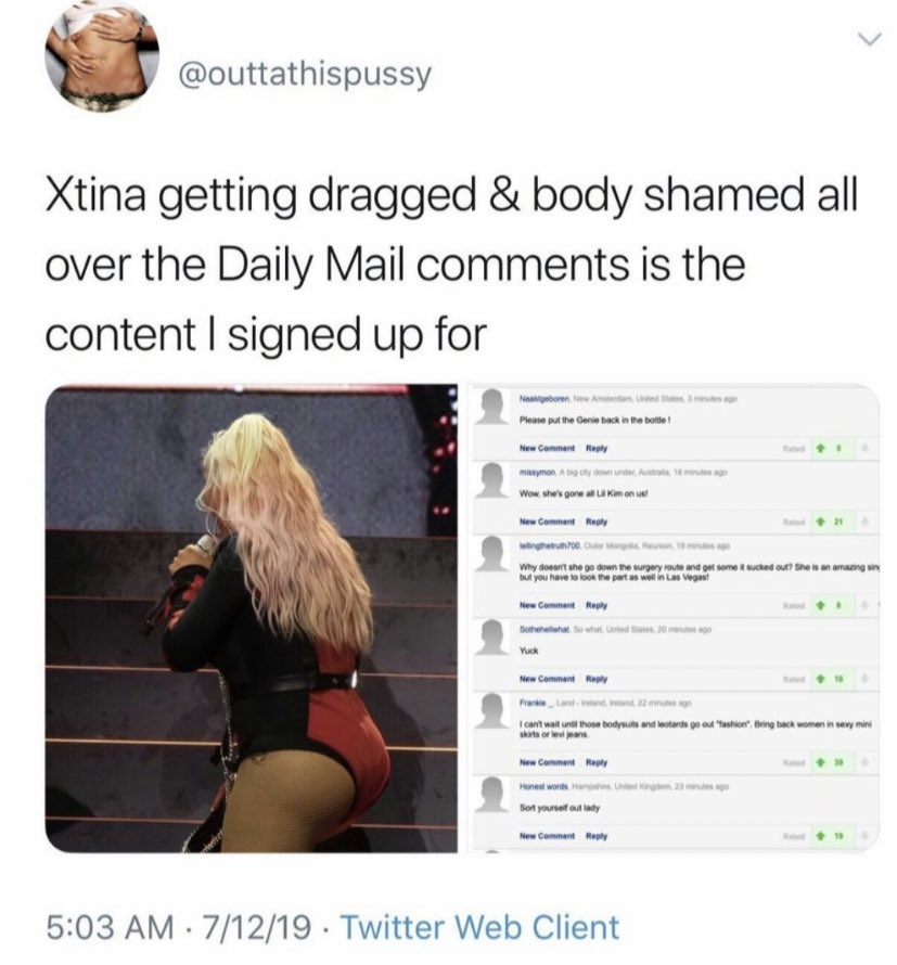 Constant Body shaming | As many of you know there has been a LONG feud between Xtina and Britney Stans (It’s really the same 8 people that are 30+ that argue still) Regardless he has continued to shame Xtina for her body and we don’t condone that at all chilee