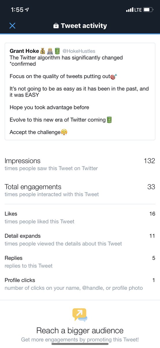 Example normally this tweet would be well over 1000 impressions This tweet will perform better over time..But it used to be right out the gate i’d go straight between 1000-2000 impressionsproof of the changes heres a great example2 rt 16 likes and a bunch of comments